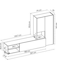 Meuble TV paroi murale - Mélaminé chêne artisan et blanc mat - 3 portes - 227 x 42 x 141 cm