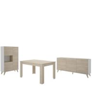 Sala da pranzo completa NESS - Credenza, Vetrina e Tavolo - Legno e melaminico bianco