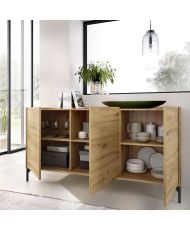 Ensemble salon Meuble TV 155 cm + Buffet 3 portes 155 cm + Table basse relevable - Mélamine -Chene Artisan - Ness