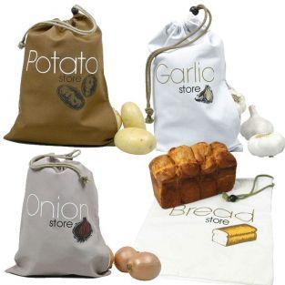 4 sacs de conservation alimentaires en tissu : ail, oignons, pommes de terre, pain