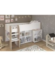 Cama combinada infantil con escritorio retráctil - Blanco y roble - Somier incluido - 90 x 200 cm