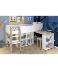 Children's combined bed with retractable desk - White and oak - Box spring included - 90 x 200 cm