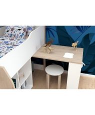 Cama combinada infantil con escritorio retráctil - Blanco y roble - Somier incluido - 90 x 200 cm