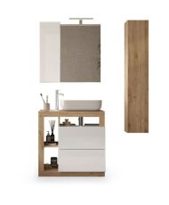Bathroom furniture set - Basin + 2 drawers + 3 niches + Column - Light oak and white lacquered color
