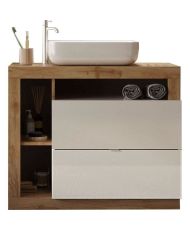 Set mobili da bagno - Lavabo + 2 cassetti + 3 nicchie + Colonna - Colore rovere chiaro e laccato bianco