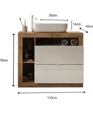 Badezimmermöbelset - Waschbecken + 2 Schubladen + 3 Nischen - Helle Eiche und weiß lackierte Farbe
