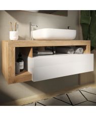 Bathroom furniture set - Basin + 2 drawers + 3 niches - Light oak and white lacquered color