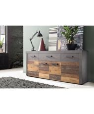 INDY low sideboard 4 Doors and 1 Drawer - Aged wood and matt gray melamine - 178 x 40 x 77 cm