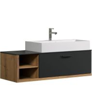 Möbel mit hängendem Waschbecken – 1 Klappe + 2 Nischen – 120 x 48 x 45 cm – Grau und Eiche