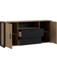 Oak and black melamine sideboard - industrial style - 180 x 40 x 84 cm