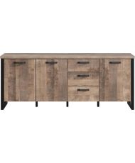 Buffet EMILE - Mélamine chêne brun tabac et noir mat - 3 Portes + 3 Tiroirs - 214 x 45 x 86 cm 