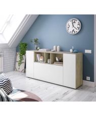 LOIRA Sideboard – Melamin – 150 x 41 x 76 cm – Artik Weiß und Eiche – 3 Türen + 3 Aufbewahrungsnischen