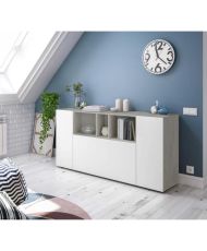 Buffet LOIRA - Mélaminé - Blanc artik et ciment - 3 portes + 3 niches de rangement - 150 x 41 x 76 cm