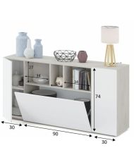 Buffet LOIRA - Mélaminé - Blanc artik et ciment - 3 portes + 3 niches de rangement - 150 x 41 x 76 cm
