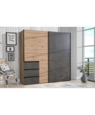 Wardrobe with 2 sliding doors and 3 drawers - artisan oak and gray concrete - 200.1 x 61.2 x 200.5 cm
