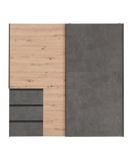 Wardrobe with 2 sliding doors and 3 drawers - artisan oak and gray concrete - 200.1 x 61.2 x 200.5 cm