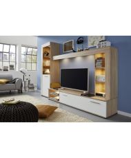 Ensemble meuble TV LOGO - 1 Porte - LED - Mélamine chêne clair et blanc mat - 240 x 41 x 185 cm 
