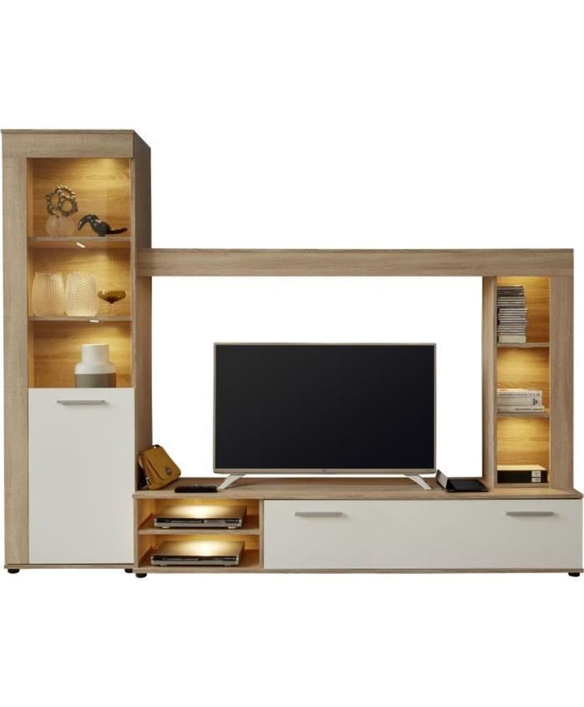 Ensemble meuble TV LOGO - 1 Porte - LED - Mélamine chêne clair et blanc mat - 240 x 41 x 185 cm Ensemble meuble TV LOGO - 1 Porte - LED - Mélamine chêne clair et blanc mat - 240 x 41 x 185 cm