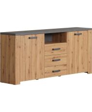 Buffet FOLLOW - Mélamine chêne artisan et gris ardoise - 2 Portes + 3 Tiroirs - 180 x 40 x 83 cm