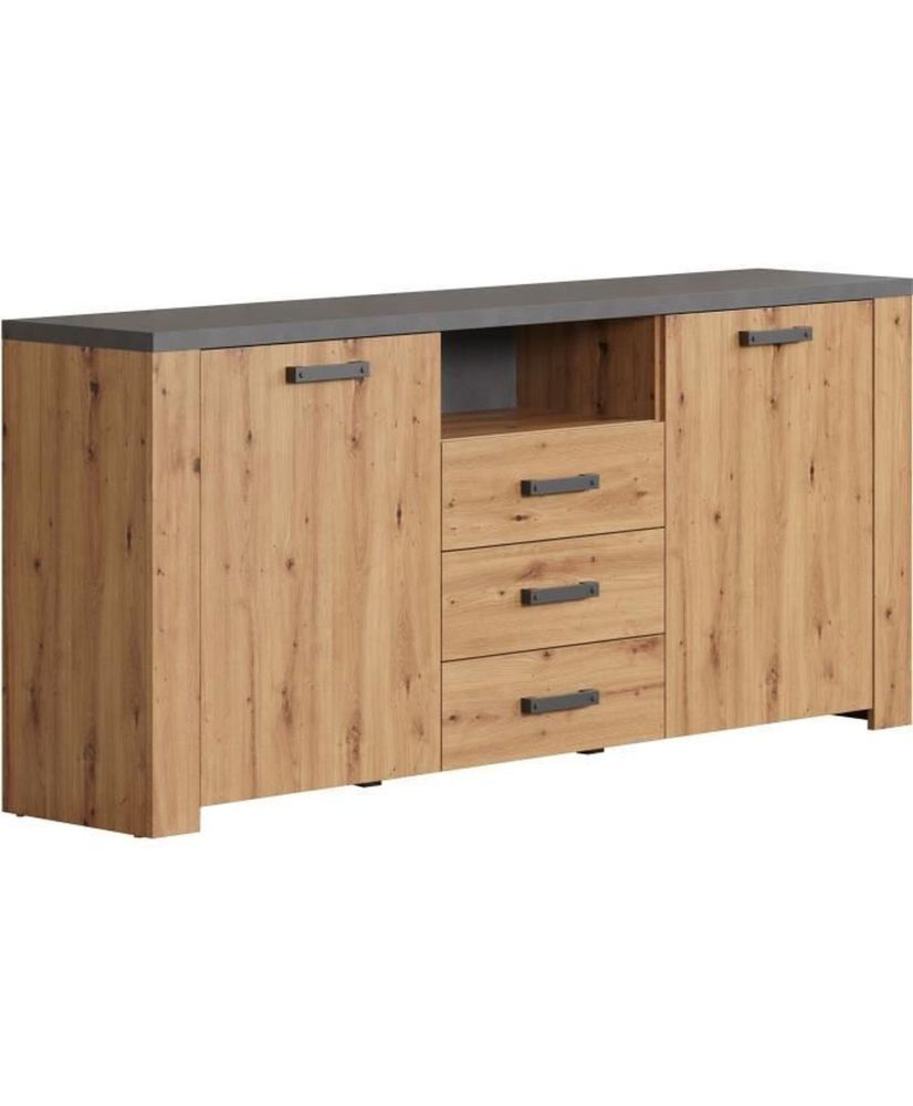 FOLLOW Sideboard – Craftsman-Eiche und schiefergraues Melamin – 2 Türen + 3 Schubladen – 180 x 40 x 83 cm FOLLOW Sideboard – Craftsman-Eiche und schiefergraues Melamin – 2 Türen + 3 Schubladen – 180 x 40 x 83 cm