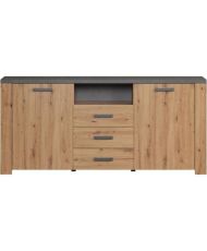 Buffet FOLLOW - Mélamine chêne artisan et gris ardoise - 2 Portes + 3 Tiroirs - 180 x 40 x 83 cm 