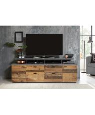Meuble TV MOOD 2 portes et 2 tiroirs - Mélaminé bois vieilli et gris mat - 180 x 47 x 66 cm