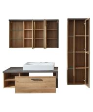 Salle de bain complete : Armoire + colonne + meuble avec vasque + miroirs - 186 x 53 x 198 cm 