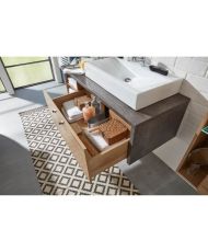 Mueble bajo lavabo de pared - Melamina roble y hormigón - 1 cajón + 2 nichos - 123 x 53 x 54 cm