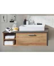 Wall-mounted vanity unit - Oak and concrete melamine - 1 drawer + 2 niches - 123 x 53 x 54 cm