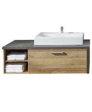 Mueble bajo lavabo de pared - Melamina roble y hormigón - 1 cajón + 2 nichos - 123 x 53 x 54 cm