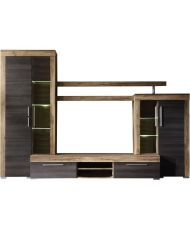 Ensemble meuble TV BOOM - TREND TEAM - 5 Portes - LED - Noyer satiné et chêne brun foncé