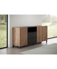 Buffet KENDO - chêne ambré et noir mat - 3 portes + 2 Tiroirs - 185 x 40 x 78 cm 