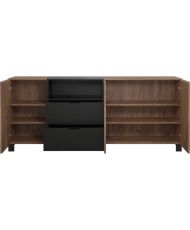 Buffet KENDO - chêne ambré et noir mat - 3 portes + 2 Tiroirs - 185 x 40 x 78 cm 