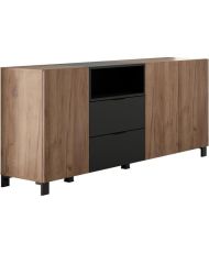 Buffet KENDO - chêne ambré et noir mat - 3 portes + 2 Tiroirs - 185 x 40 x 78 cm 