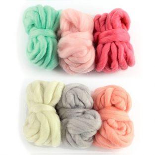 6 balls of wool 5 m - off-white, pale gray, coral, Indian pink, dragee pink, mint