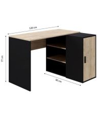Indus Schreibtisch – Eiche und Schwarz – 1 Tür + 3 Regale – Stauraum – 120 x 90 x 76 cm