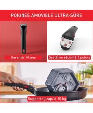 TEFA4 pieces, 22/24/28 cm frying pans + removable handle, Stainless steel, Non-stick coating