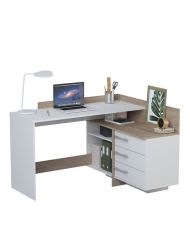 Bureau d'angle 3 tiroirs - chêne et blanc - 128,5 x 105,7 x 83,2 cm - THALES