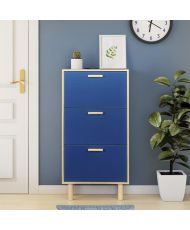 Schuhschrank mit 3 Türen – Sockel aus Kiefernholz – Blau und Eiche – 60 x 25 x 120 cm – LILA