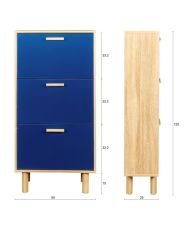 Schuhschrank mit 3 Türen – Sockel aus Kiefernholz – Blau und Eiche – 60 x 25 x 120 cm – LILA