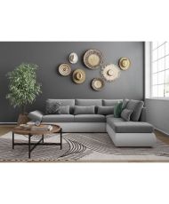 SEVARA 4-Sitzer-Umwandelbares Ecksofa – Weißes PU und hellgrauer Stoff – Aufbewahrungsbox – 267 x 200 x 90 cm