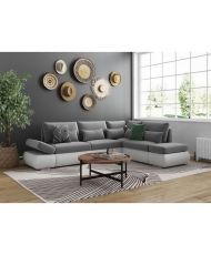 SEVARA 4-Sitzer-Umwandelbares Ecksofa – Weißes PU und hellgrauer Stoff – Aufbewahrungsbox – 267 x 200 x 90 cm