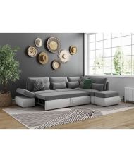 SEVARA 4-Sitzer-Umwandelbares Ecksofa – Weißes PU und hellgrauer Stoff – Aufbewahrungsbox – 267 x 200 x 90 cm