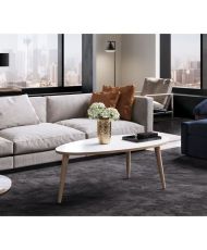 Tavolino ovale NARVIK in stile scandinavo in bianco lucido con gambe in legno - 110 x 55 cm