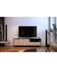 Meuble TV NEO - Mélaminé chêne et noir - 3 portes + 1 tiroir + 1 niche - 180 x 44 x 54,5 cm