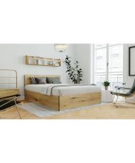 Letto Box 140 x 190 in legno + Testiera - Rovere rustico - Rete a doghe inclusa - 140 x 193 x 80 cm