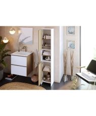 MYSTIC Hoher Badezimmerschrank mit 2 Türen – 35 x 30 x 180 cm – Eiche und weißes Melamin