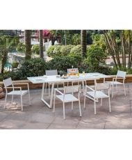 Ensemble repas 6 personnes - Table extensible 160/240 + 6 fauteuils assise textilene - Blanc