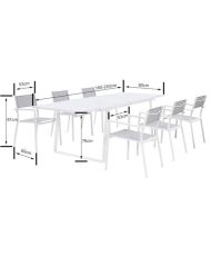 Ensemble repas 6 personnes - Table extensible 160/240 + 6 fauteuils assise textilene - Blanc