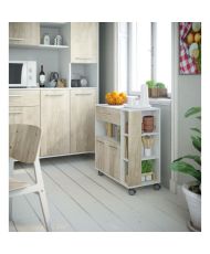 Trolley 2 Türen 1 Schublade - Weiß und Eiche - 80 x 39 x 87 cm